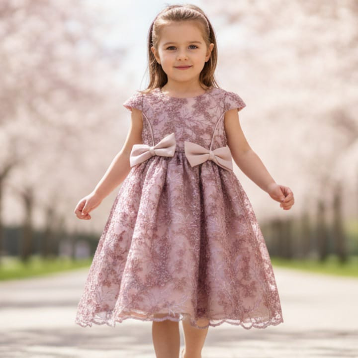 Girls Elegant Glitter Embroidered Double Bow Party Dress (2-12Y)