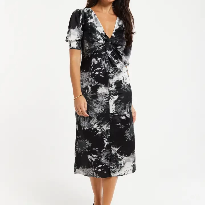 Liquorish Mono Abstract Print Knot Front Midi Dress