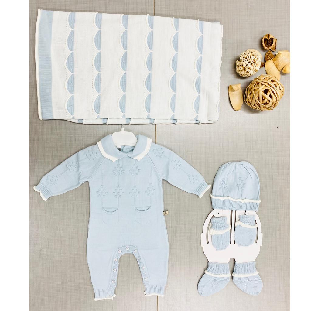Baby Boys Five Piece Knitted Embossed Romper with Blanket, Mittens, Booties & Hat (NB)