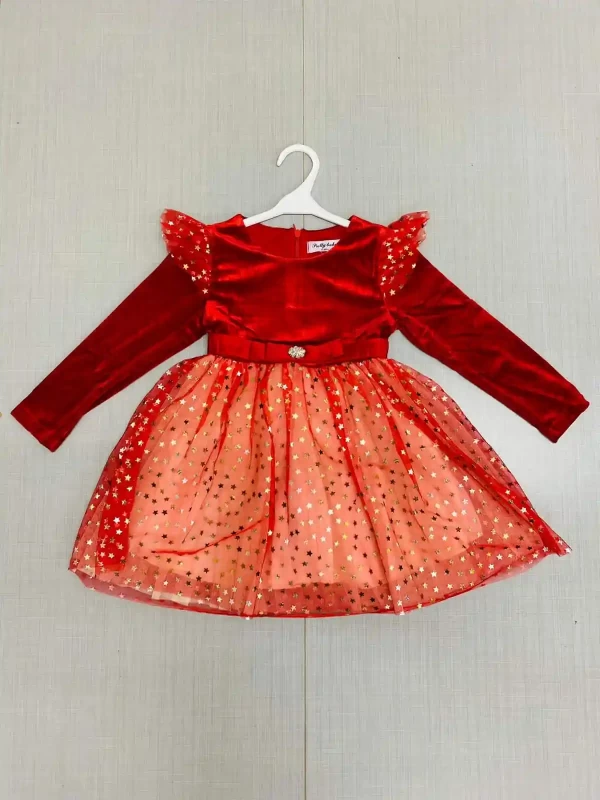 Girls Full Sleeve Velvet Star Dress (4-14Y)