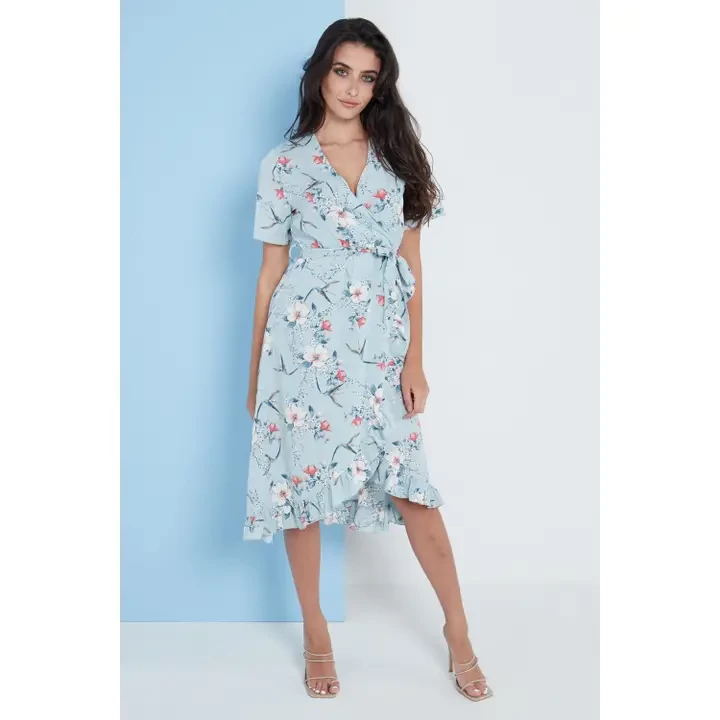 Floral Frill Midi Wrap Dress in Blue