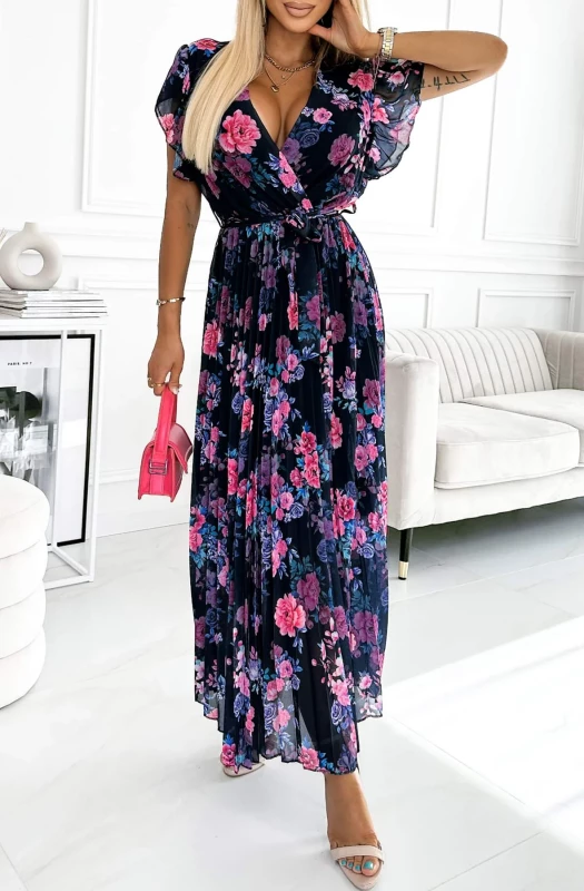 AZURA FLORAL CHIFFON PLEATED MAXI DRESS-BLACK