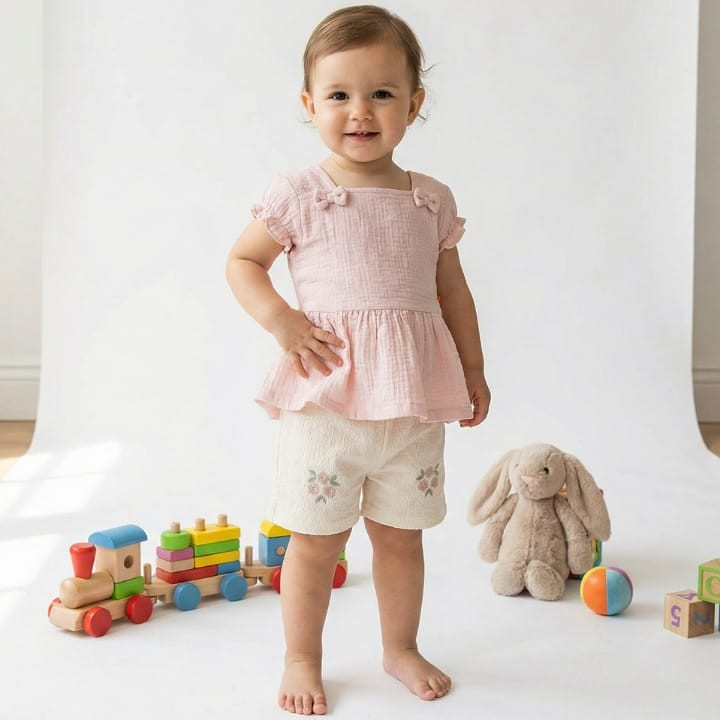 Baby Girls Two Piece Flower Embroidered Crinkle Bow Short Set (9-24M)