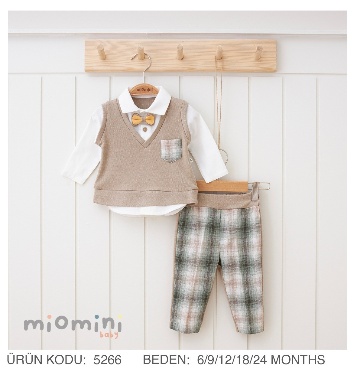 Baby Boys Two Piece Checked Trousers Spanish Set With Attached Jumper & Bow Tie (6-24M)
