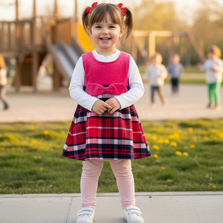 Girls Two Piece Woolly Check Bow Dress (1-4Y)