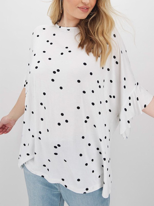 Spot Print Boxy Ruffle Sleeve Top