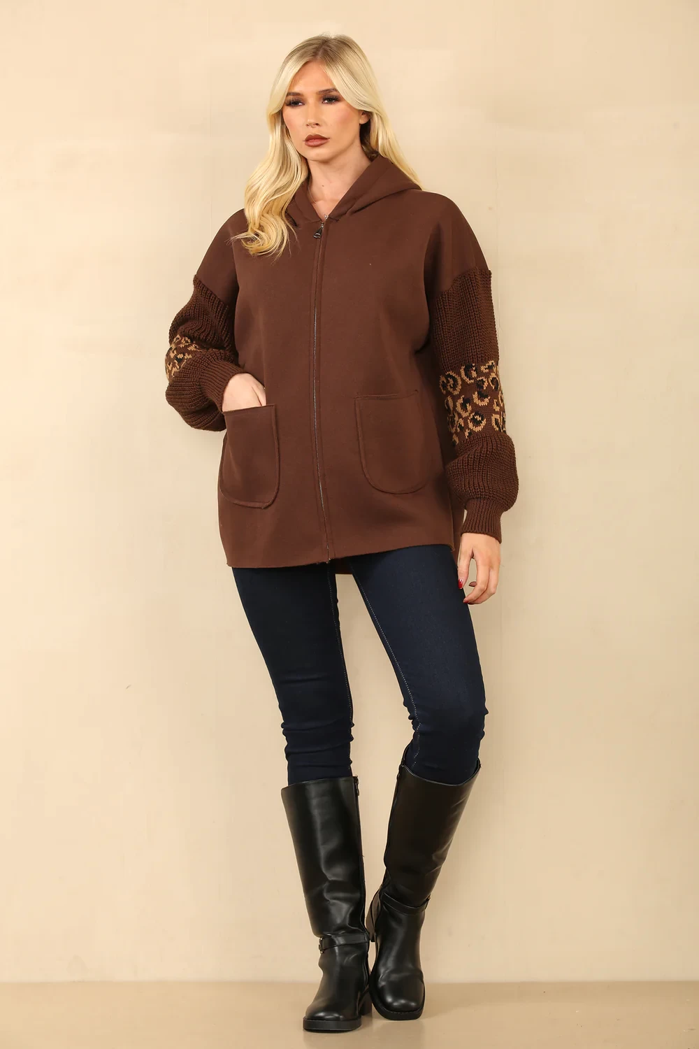 ASHER LEOPARD SLEEVE POCKET ZIP HOODIE