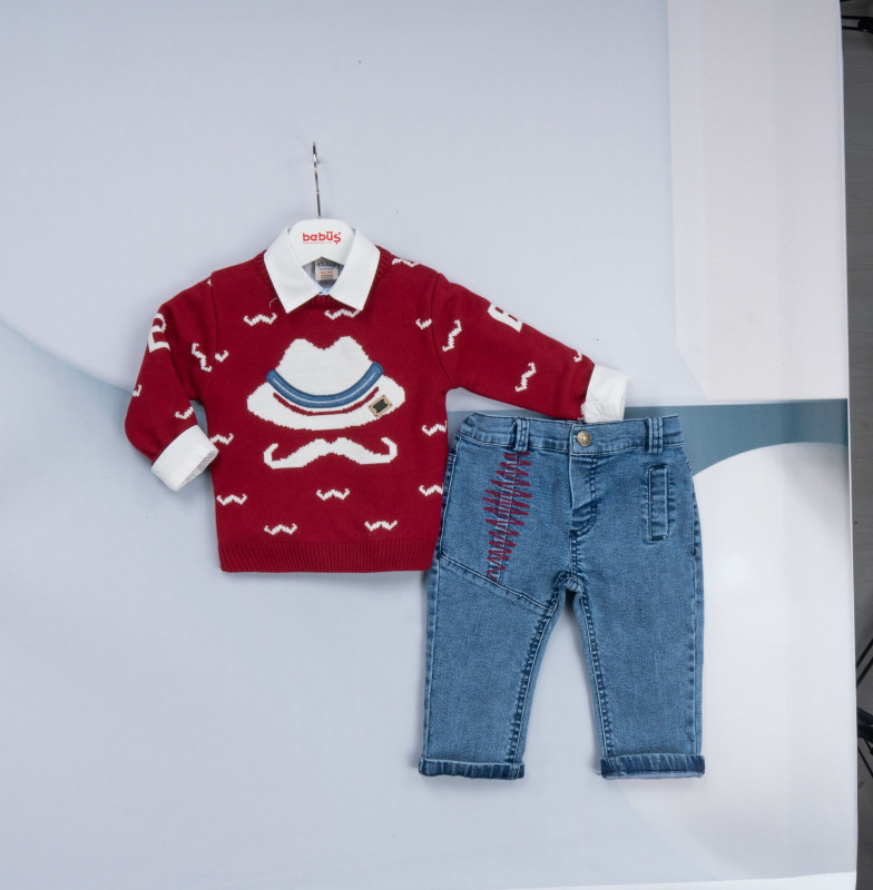 Baby Boys Three Piece Knitted Moustache Jumper, Shirt & Jeans Set (12-36M)