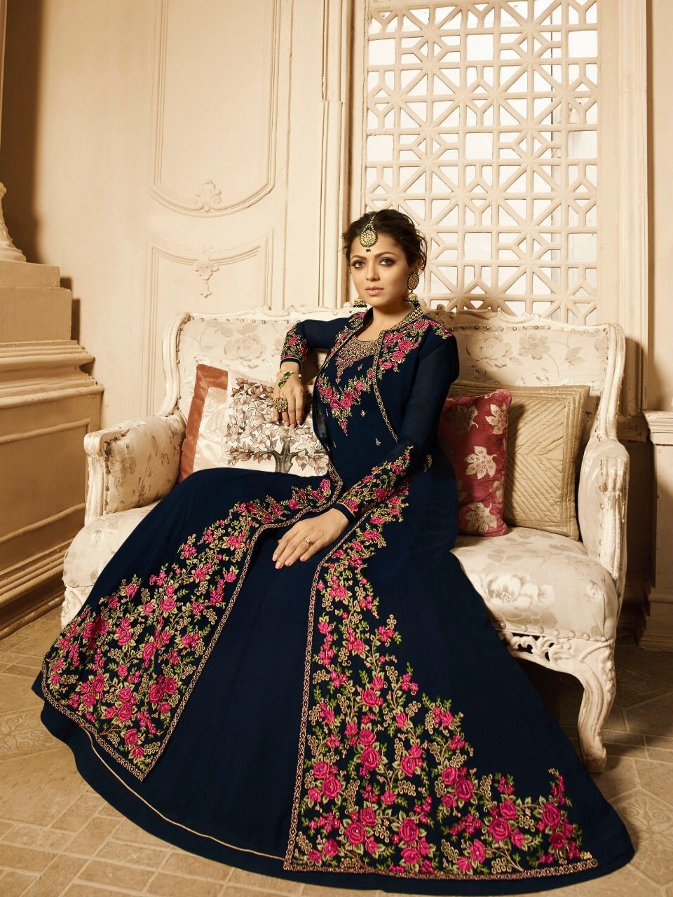 Georgette Fabrics With Embroidery And Crystal Stone Work Readymde Gown
