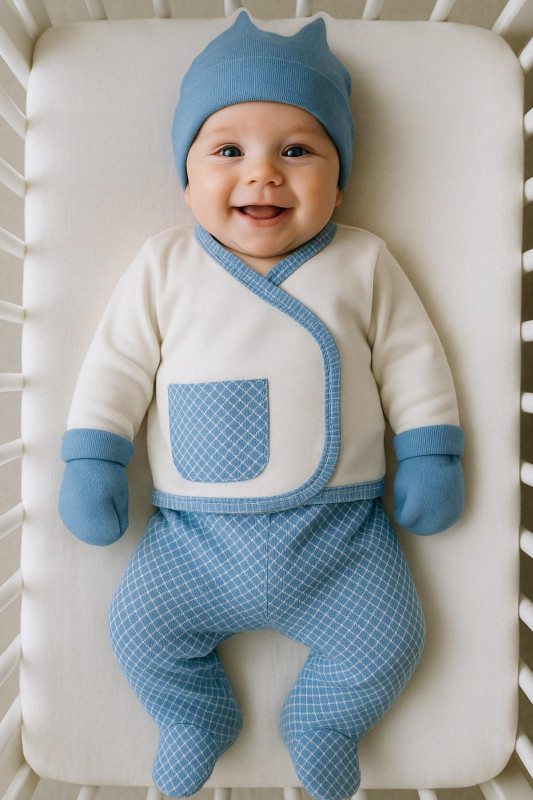 Baby Boys Check Five Piece Set with Mittens, Bib & Hat (0-6M)