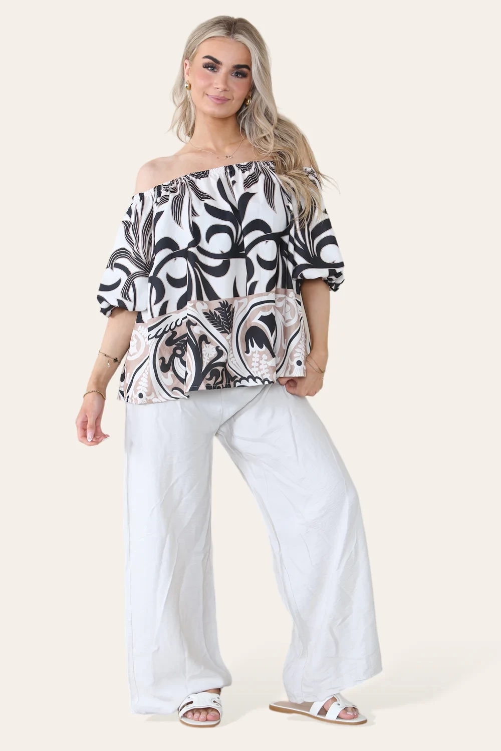 CARA OFF SHOULDER PRINTED TOP - BLACK