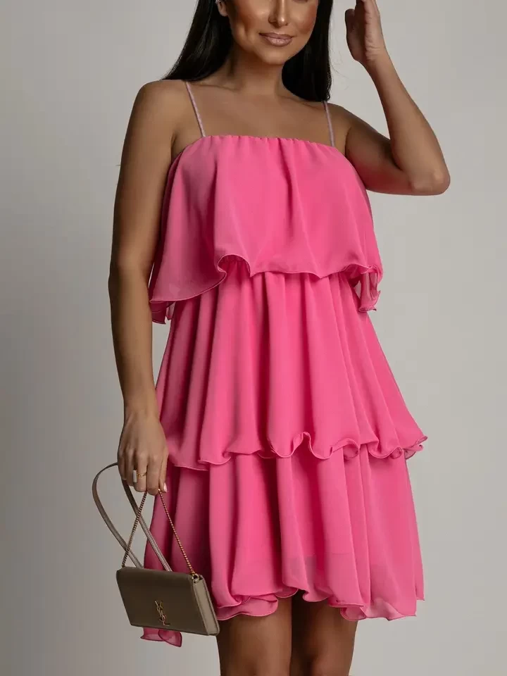 Kenedie Chiffon Frill Tiered Dress-Pink