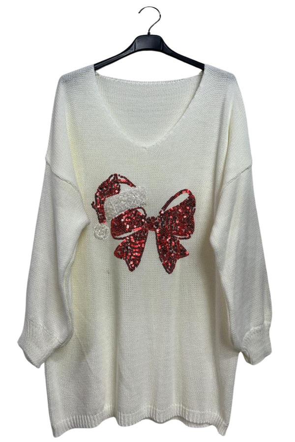 Sequin Bow Santa Hat Drop Shoulder Knitted Jumper