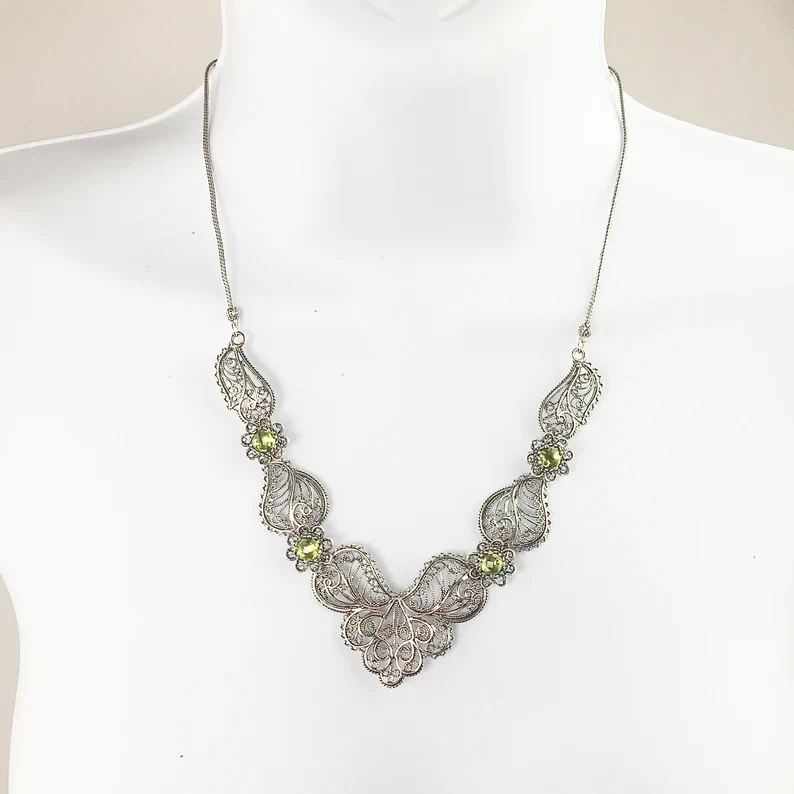 Genuine Peridot Silver Necklace, August Birthstone Sterling Silver Natural Peridot Artisan Filigree Necklace Women Jewelry Gift Boxed 17"+2"