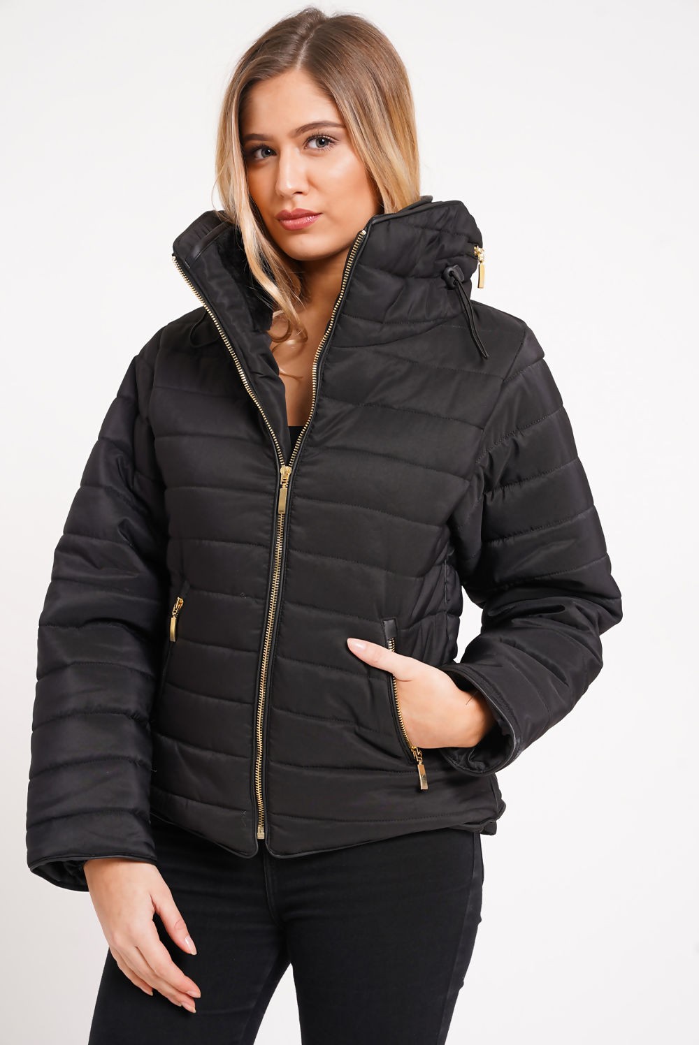QUILTED PADDED PUFFER BUBBLE FUR COLLAR JACKET