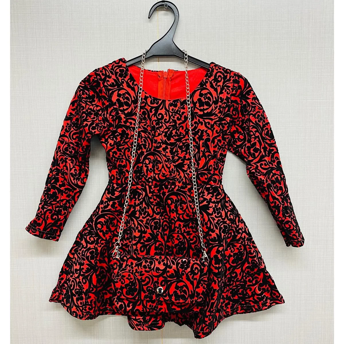 Girls Velvet Embossed Dress with Purse (4-14Y)