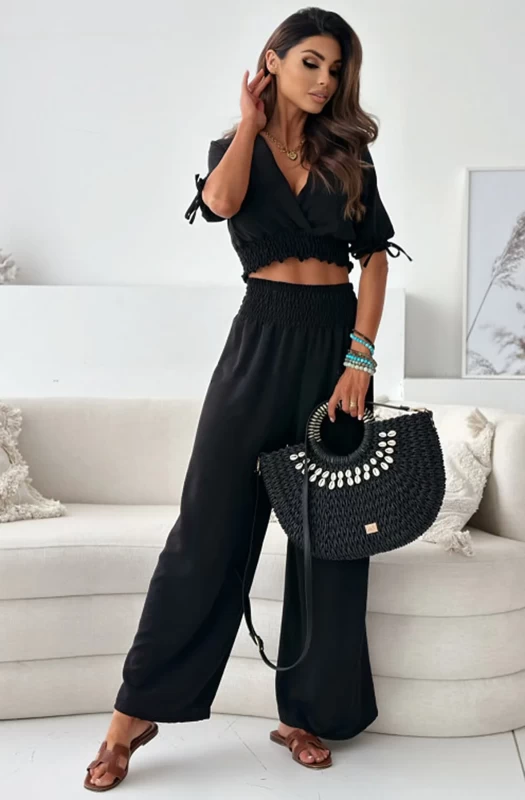 XANTHEA SHIRRED TWO PIECE CO-ORD SET-BLACK
