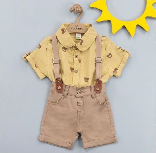 Baby Boys Teddy Shirt & Shorts Set with Braces (6-24M) - Yellow