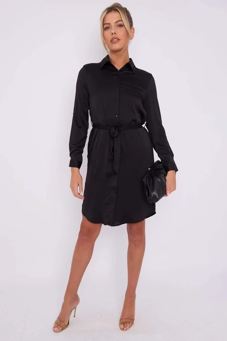 Black Belted Layer Satin Mini Shirt Dress