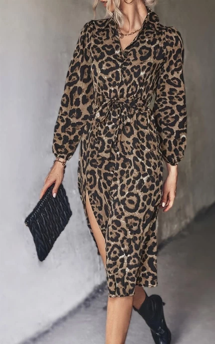 Leopard Print Split Leg Midi Shirt Dress