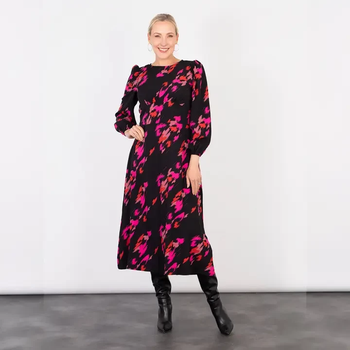 Riley Long Sleeve Tea Dress - Fuchsia, Abstract Leopard