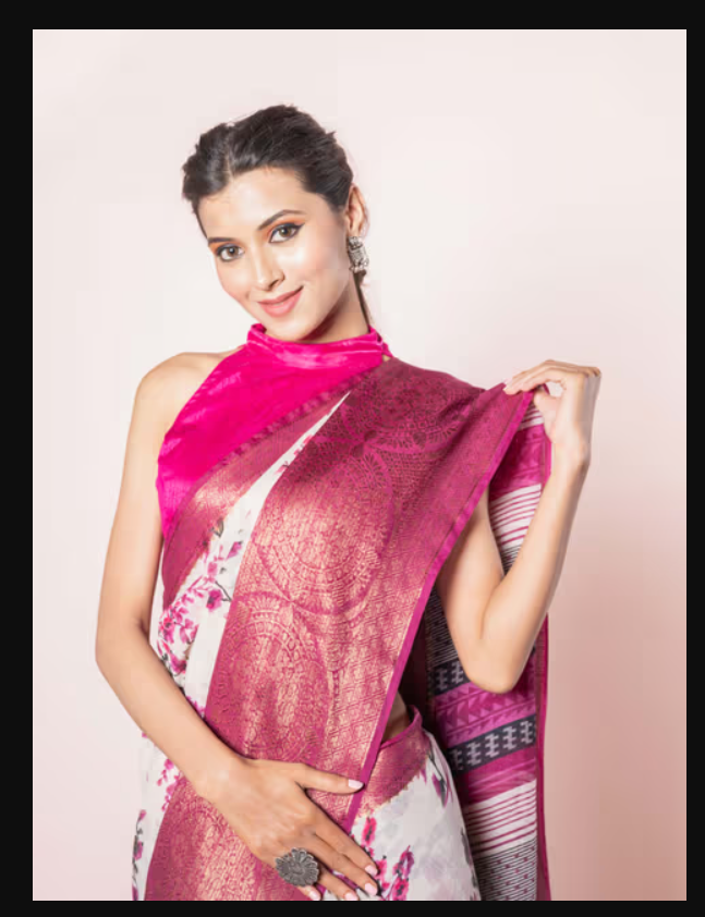 White and Pink Soft Printed Silk Linen Saree with Unstitched Blouse