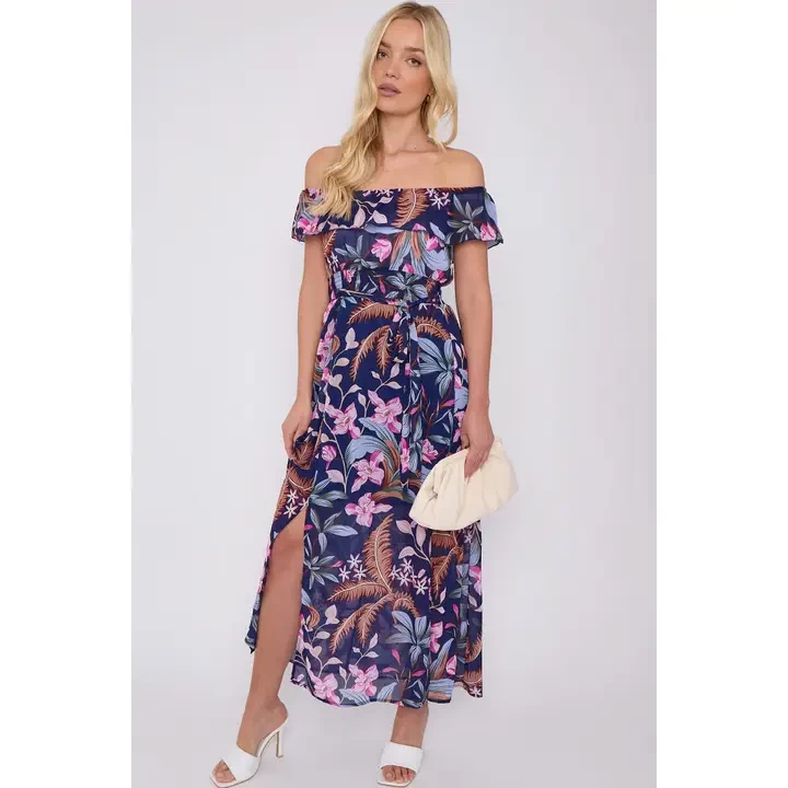 Navy Palm Leaf Print Chiffon Bardot Maxi Dress