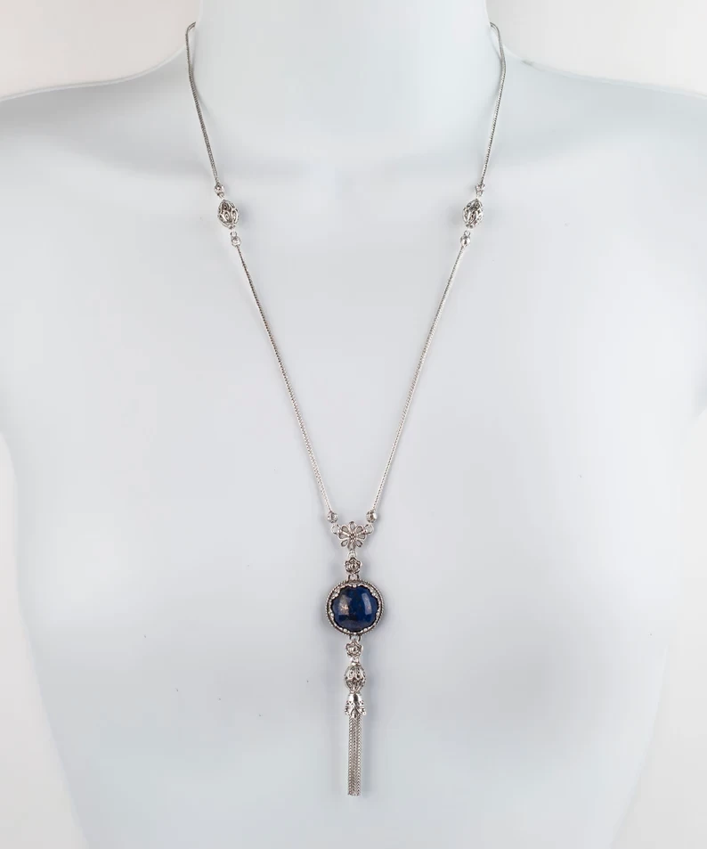 Lapis Lazuli Silver Necklace,925 Sterling Silver Blue Lapis Lazuli Gemstone Adjustable Tassel Necklace