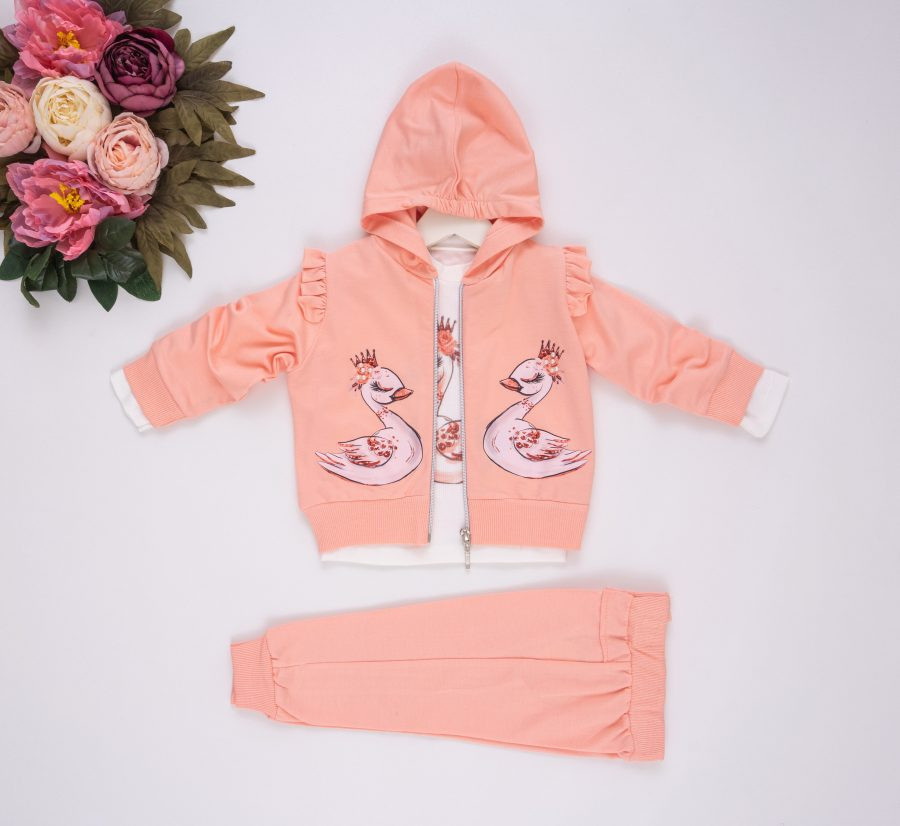 Baby Girls Three Piece Swan Print Pearl Tracksuit (9-24M