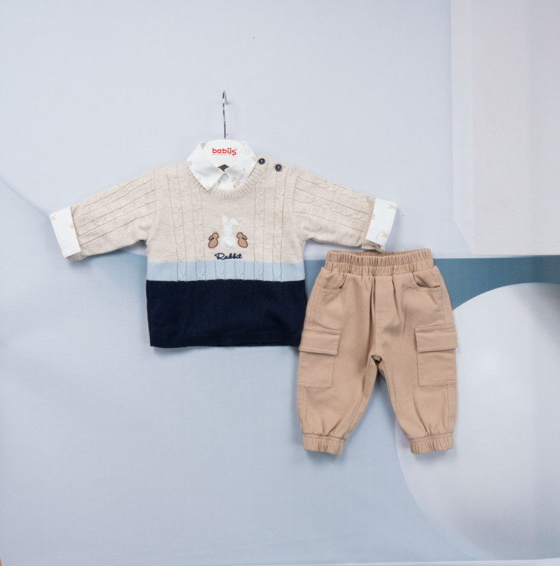 Baby Boys Three Piece Rabbit Knitted Jumper & Chinos Set (6-18M)