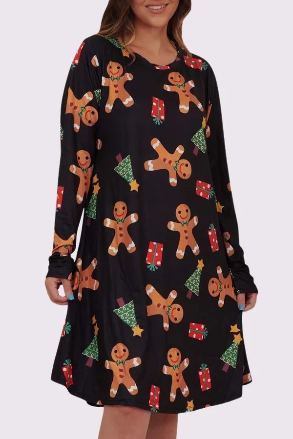 Gingerbread Gift Tree Print Xmas Swing Dress