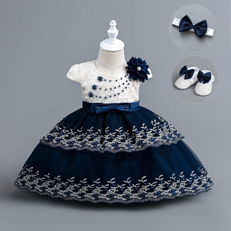 Baby Girls Floral Embroidered Lace Party Dress with Shoes and Headband (6-24M)