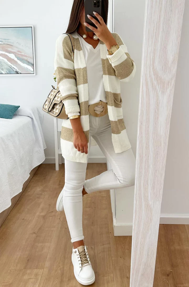 SANDRIA SHIMMER STRIPED LONGLINE CARDIGAN-IVORY