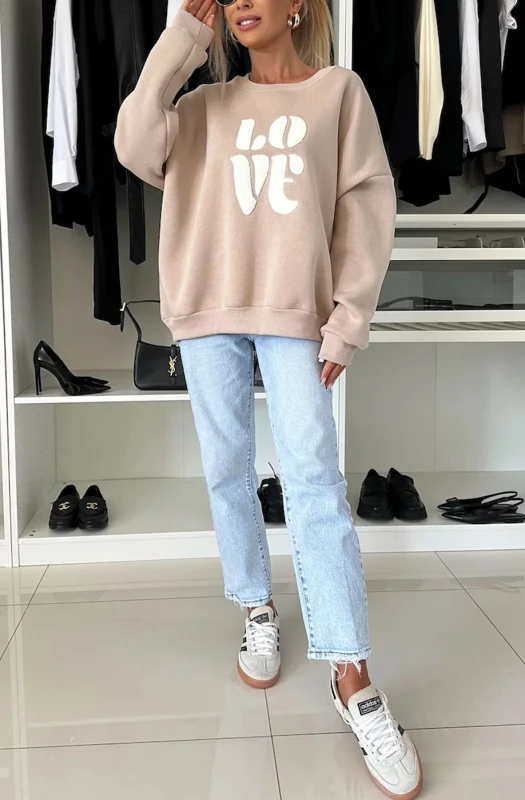 'LOVE' GRAPHIC PRINTED JUMPER SWEATER TOP-MOCHA