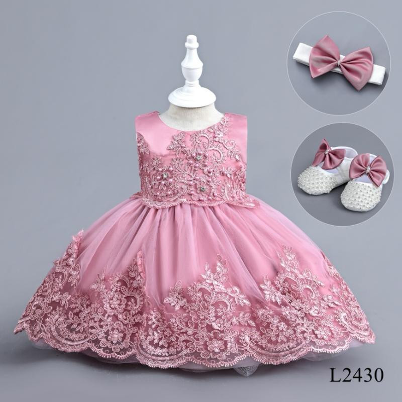 Baby Girls Embroidered Diamante Pearl Party Dress with Shoes and Headband (6-24M)