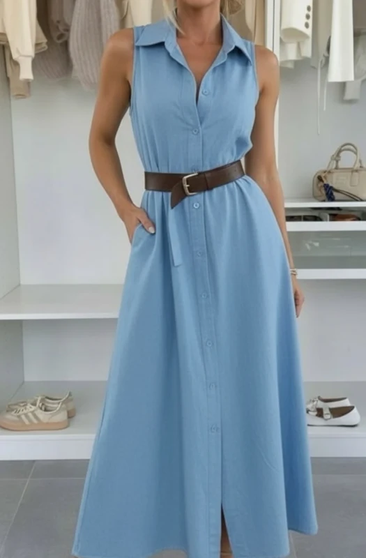 GABI SLEEVELESS POCKET BELTED MAXI SHIRT DRESS-BLUE