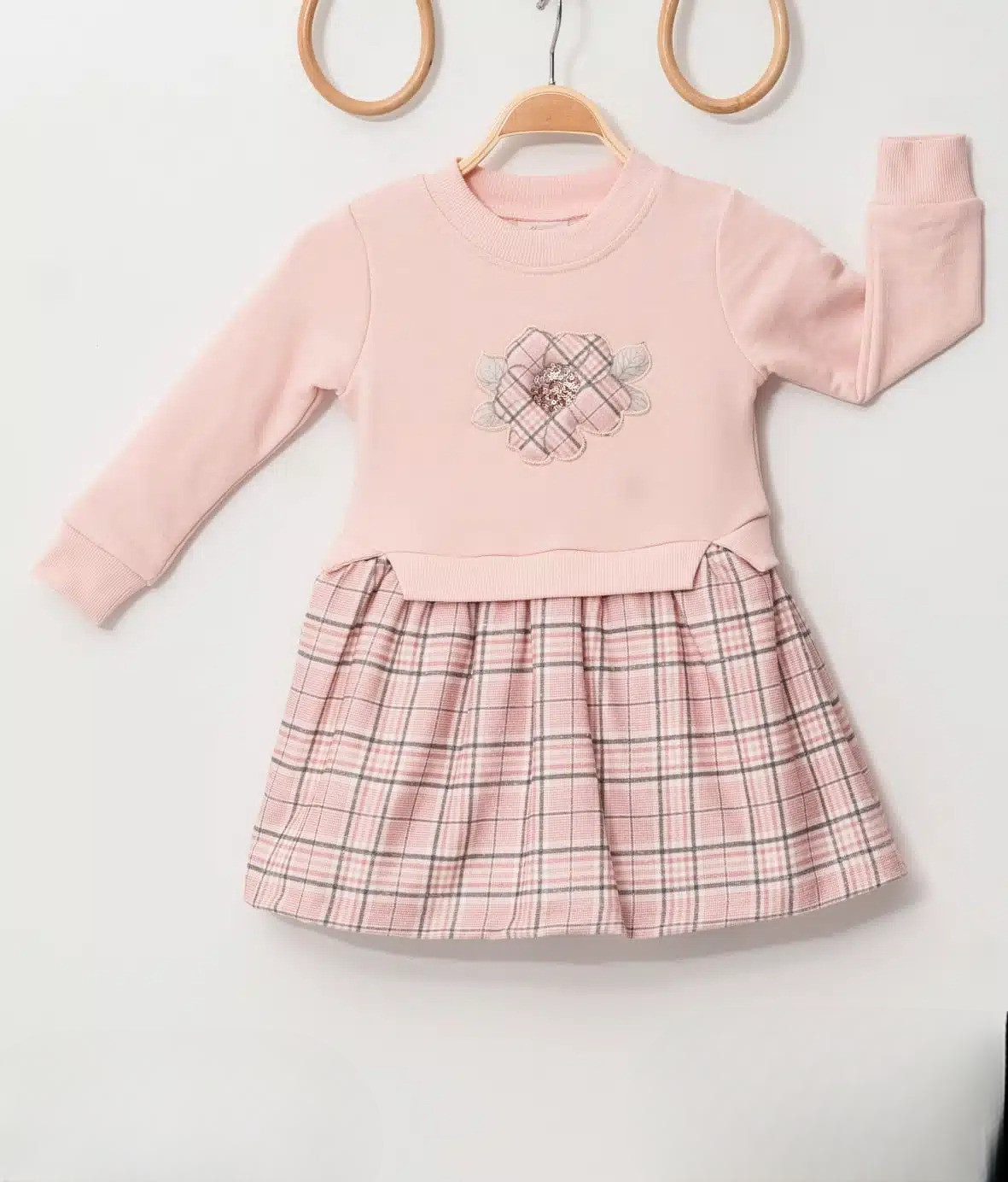 Baby Girls Full Sleeve Checked Sequin Flower Dress (9-24M)