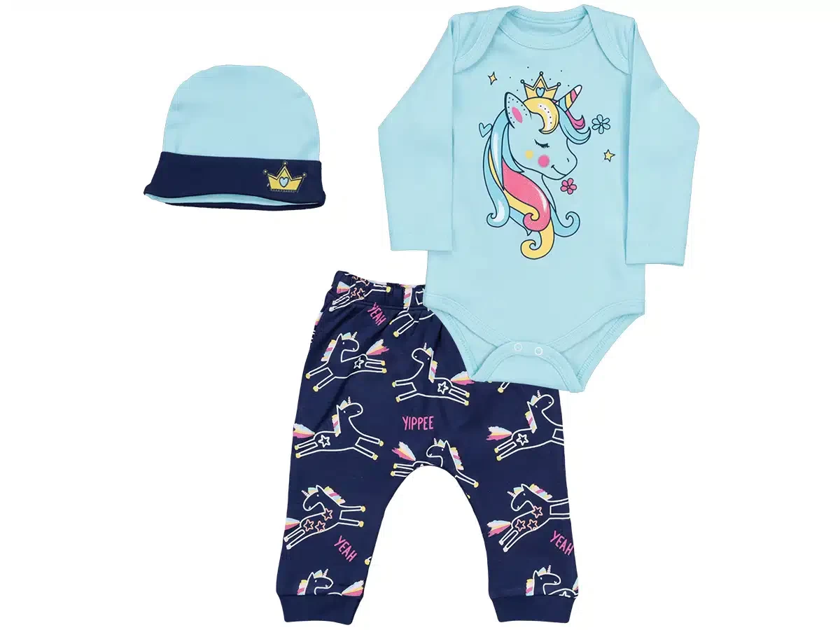Baby Girls Three Piece Unicorn Romper & Bottoms Set with Hat (3-9M)