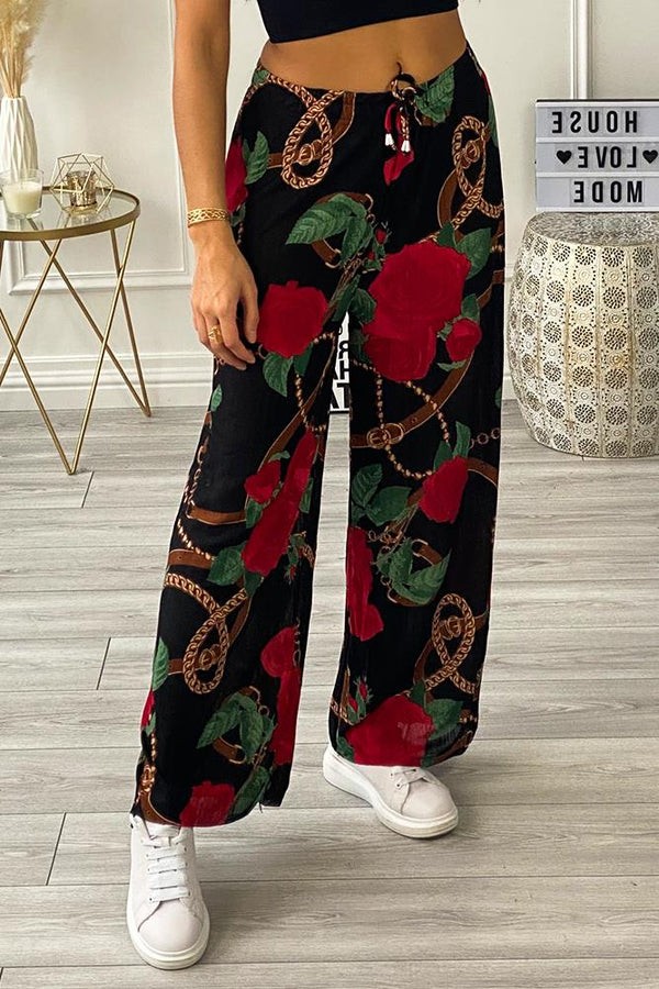 Chain Rose Print Drawstring Plazzo Trouser