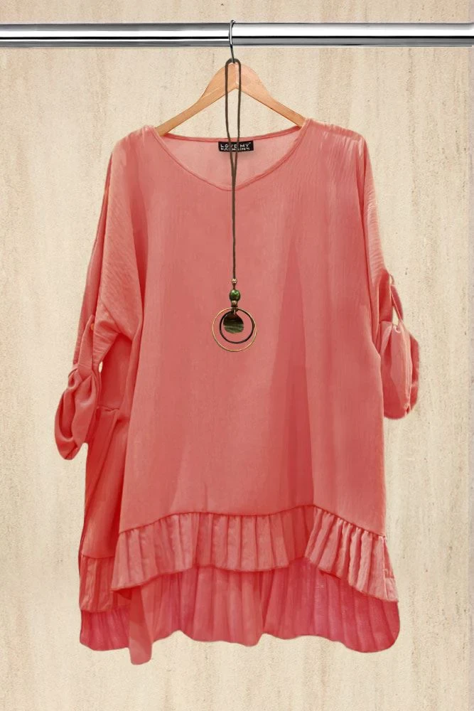 Frill Dip Hem Plain Necklace Tunic Top