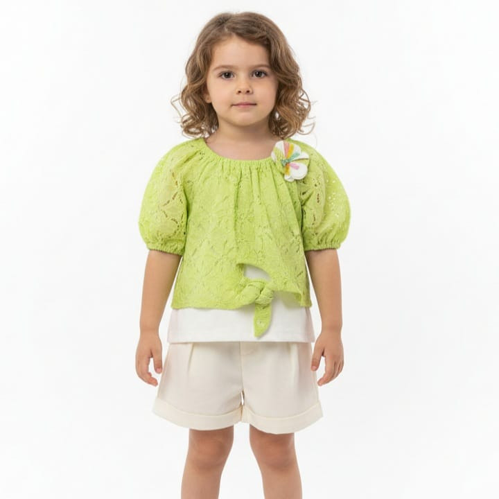 Girls Three Piece Floral Embossed Tie Up Top, Vest & Shorts Set (2-5Y)