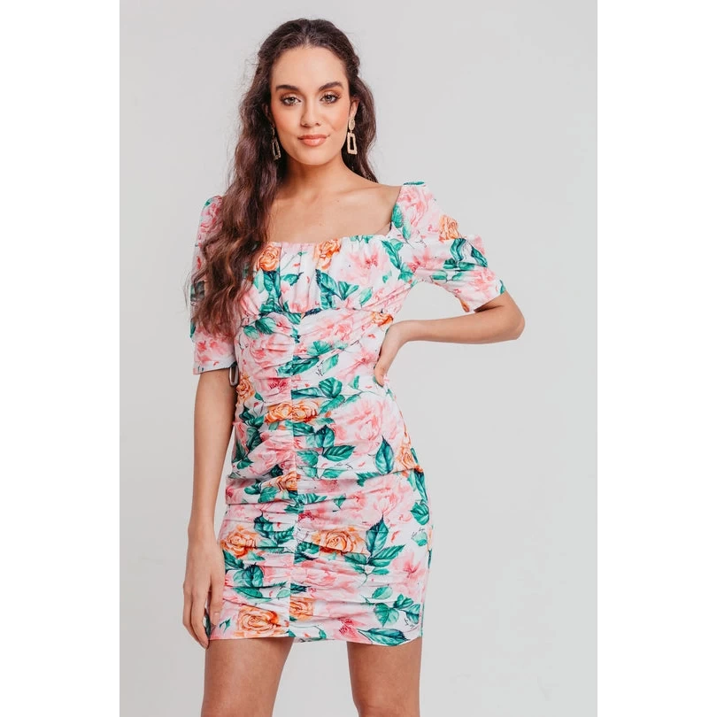 Rose Sweetheart Neck Puff Sleeves Ruched Bodycon Dress