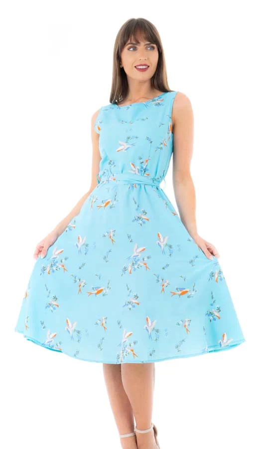 Retro Vintage Bird Print Midi Dress in Sky Blue