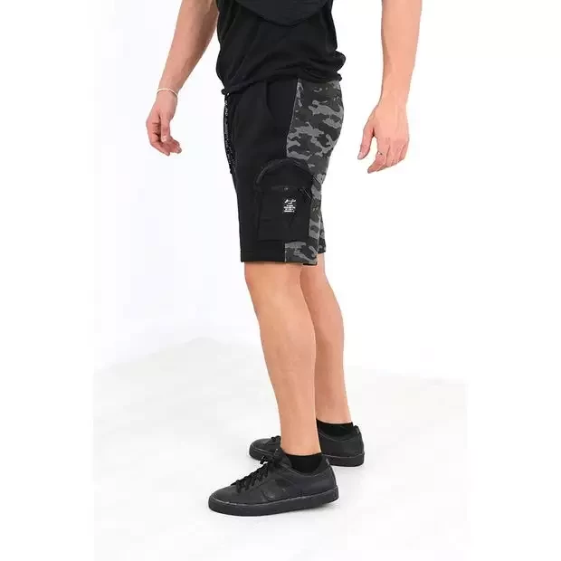 Black printed comouflage zip pocket detail shorts