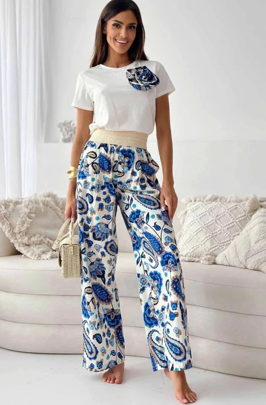 TAYA PAISLEY WIDE LEG PALAZZO TROUSERS-BLUE