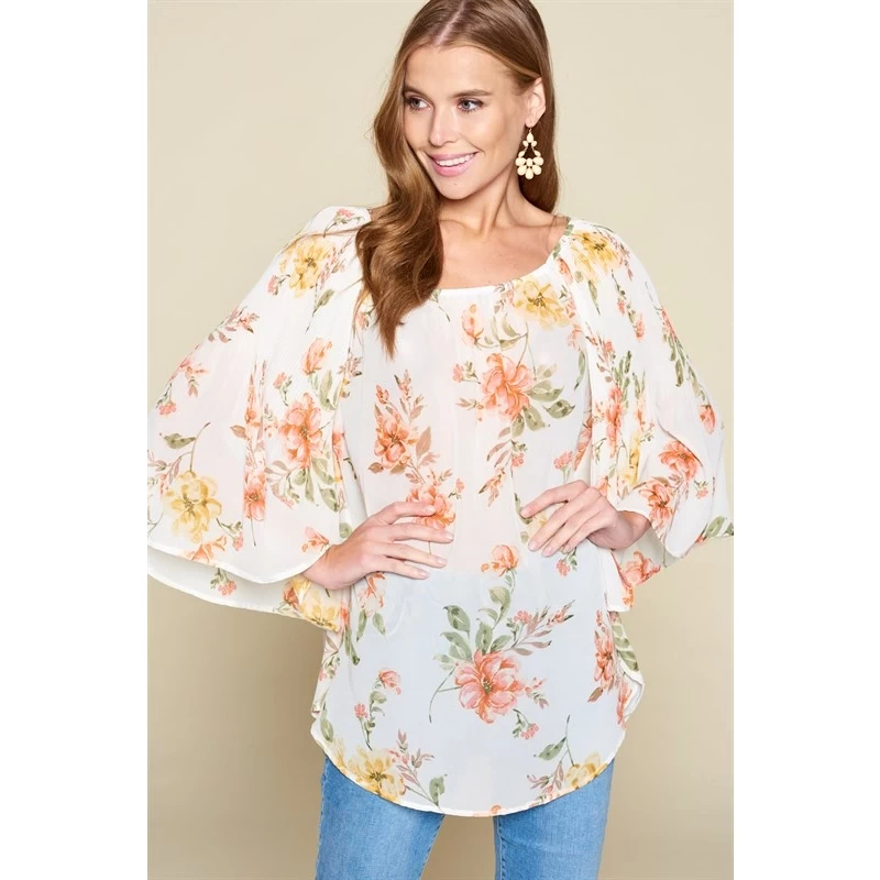 Floral Chiffon Bell Sleeves Fashion Top