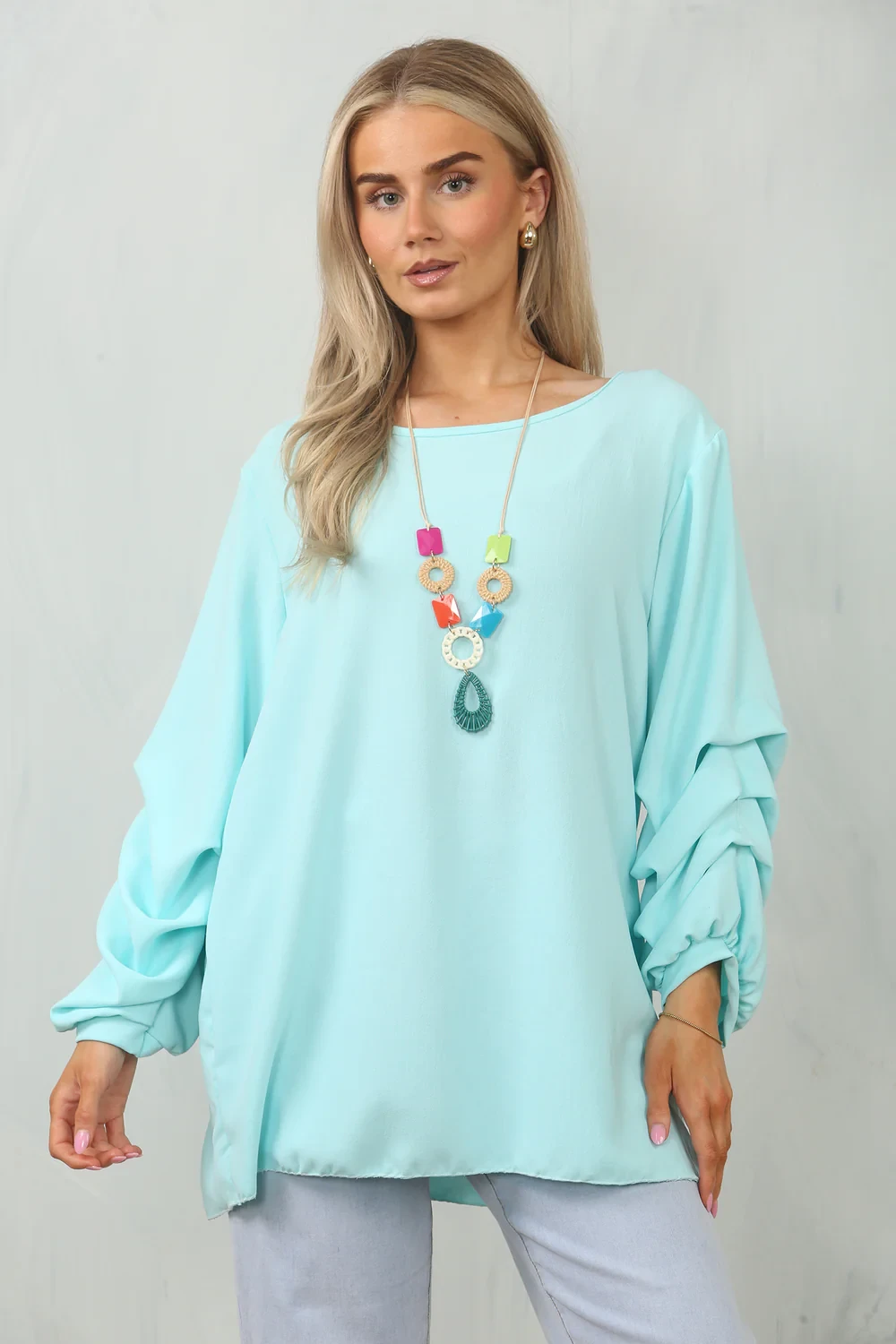 RUCHED SLEEVE NECKLACE BLOUSE