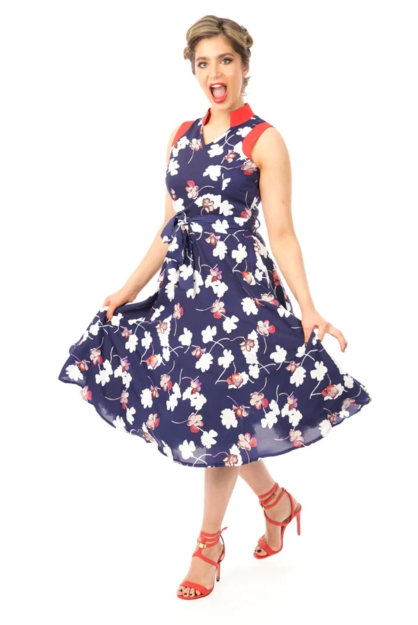 Retro Vintage inspired Floral Midi Dress in Blue
