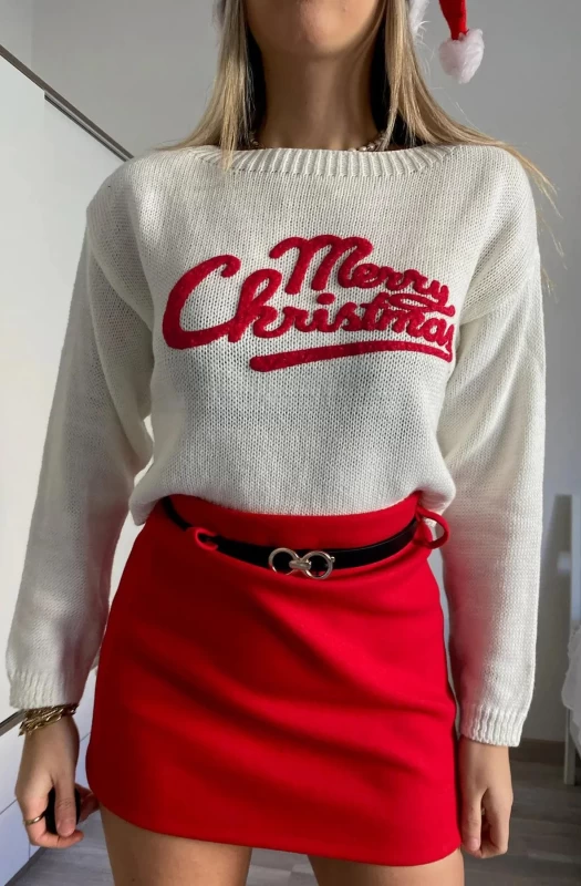 'MERRY CHRISTMAS' PRINTED KNITTED JUMPER SWEATER TOP-IVORY