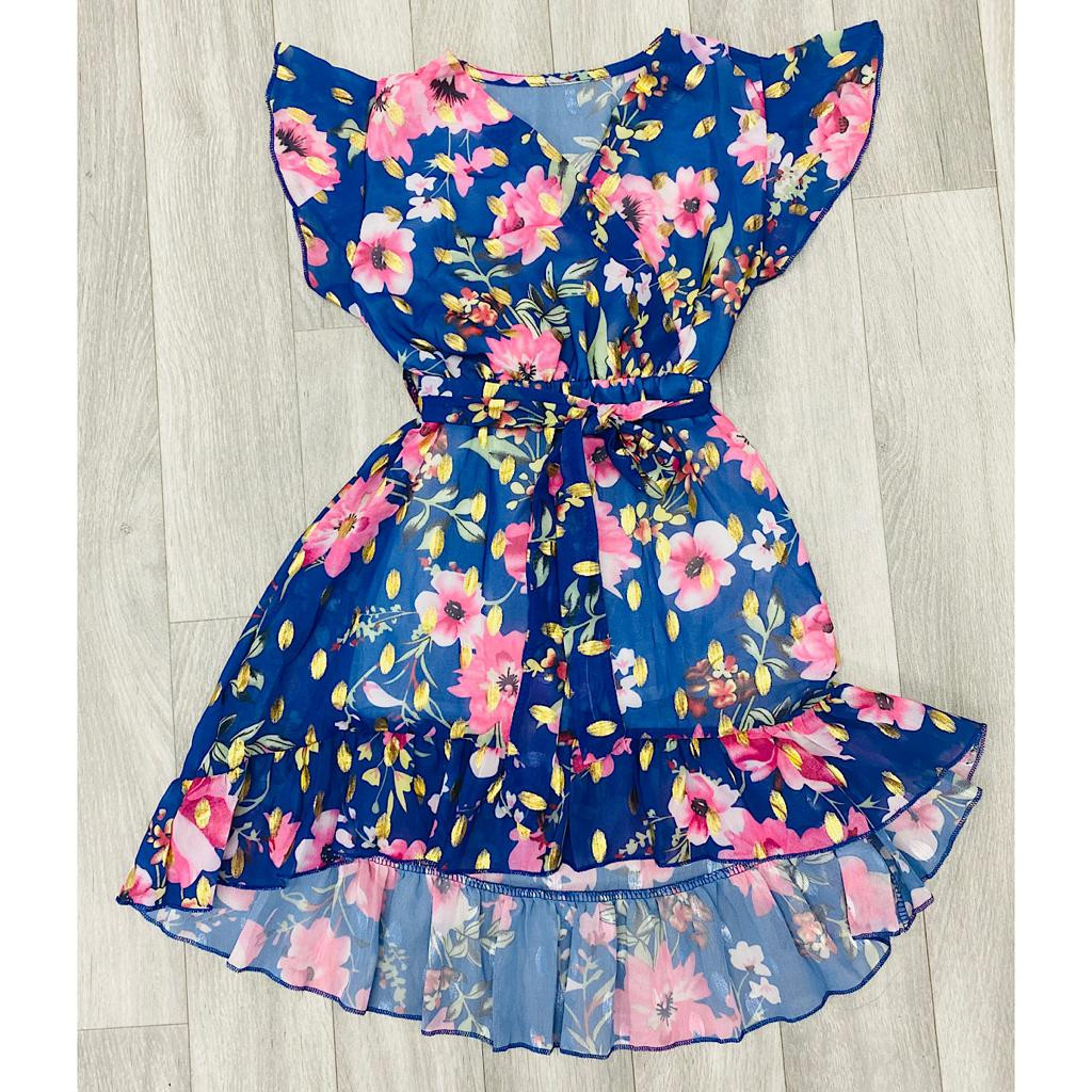 Girls Glitter Floral Print Belt Dress (4-14Y)